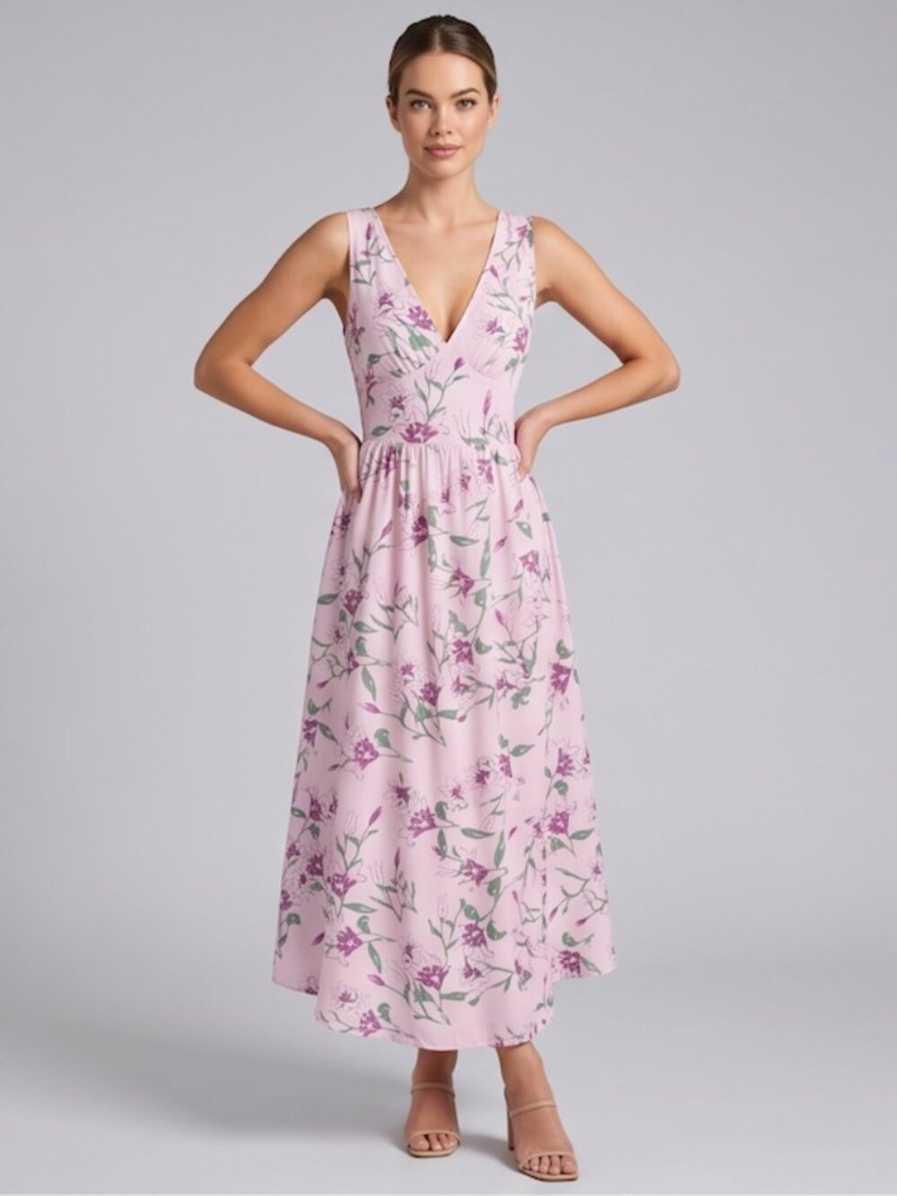 Boho Floral V-Neck A-Line Midi Dress with Pleated Bodice